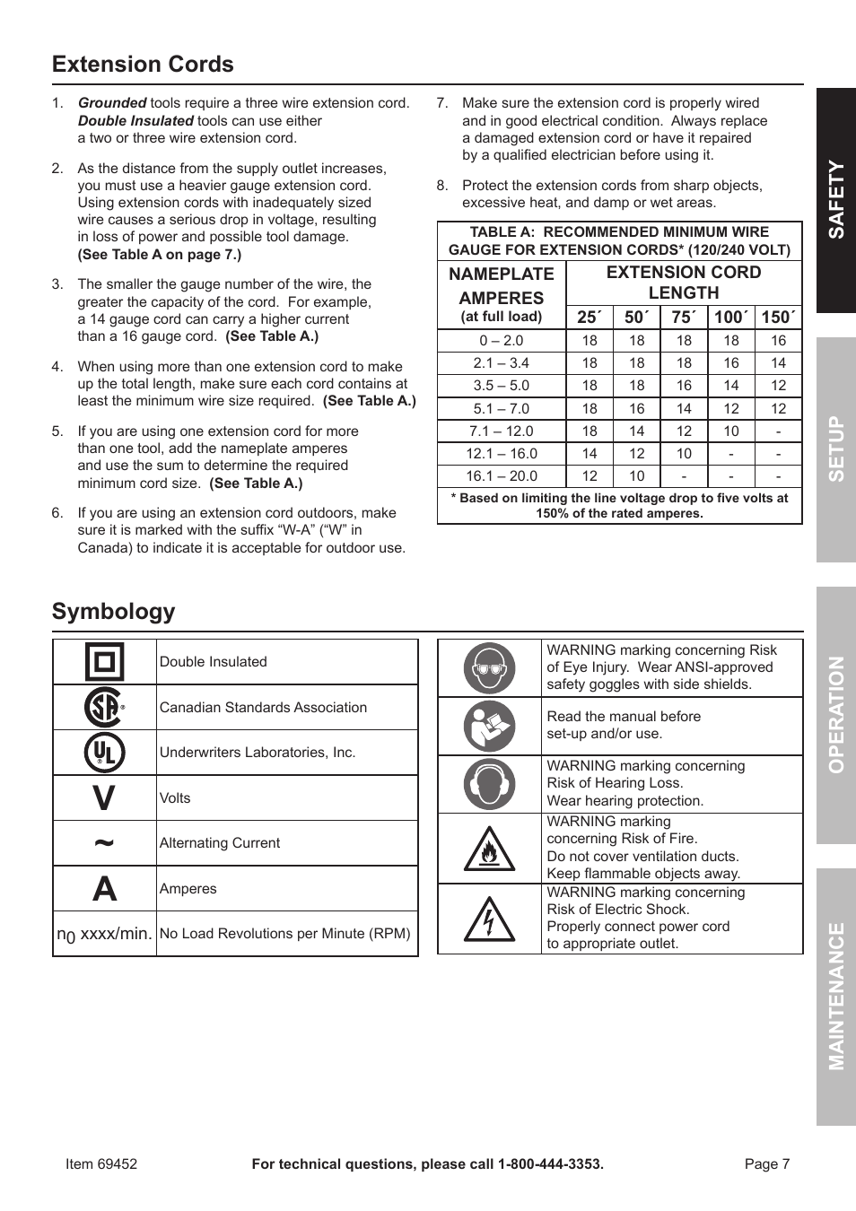 Extension cords, Symbology, Safety opera tion maintenance setup | Chicago Electric 1/2" vaRiaBle SPeeD ReveRSiBle HEAVY DUTY DRILL 69452 User Manual | Page 7 / 16