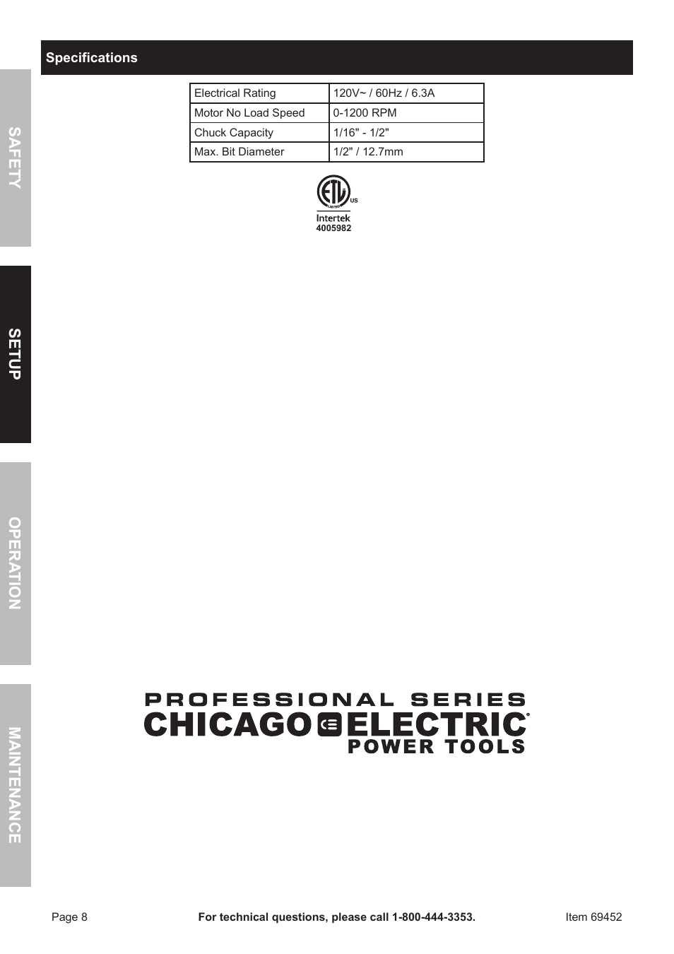 Safety opera tion maintenance setup | Chicago Electric 1/2" vaRiaBle SPeeD ReveRSiBle HEAVY DUTY DRILL 69452 User Manual | Page 8 / 16