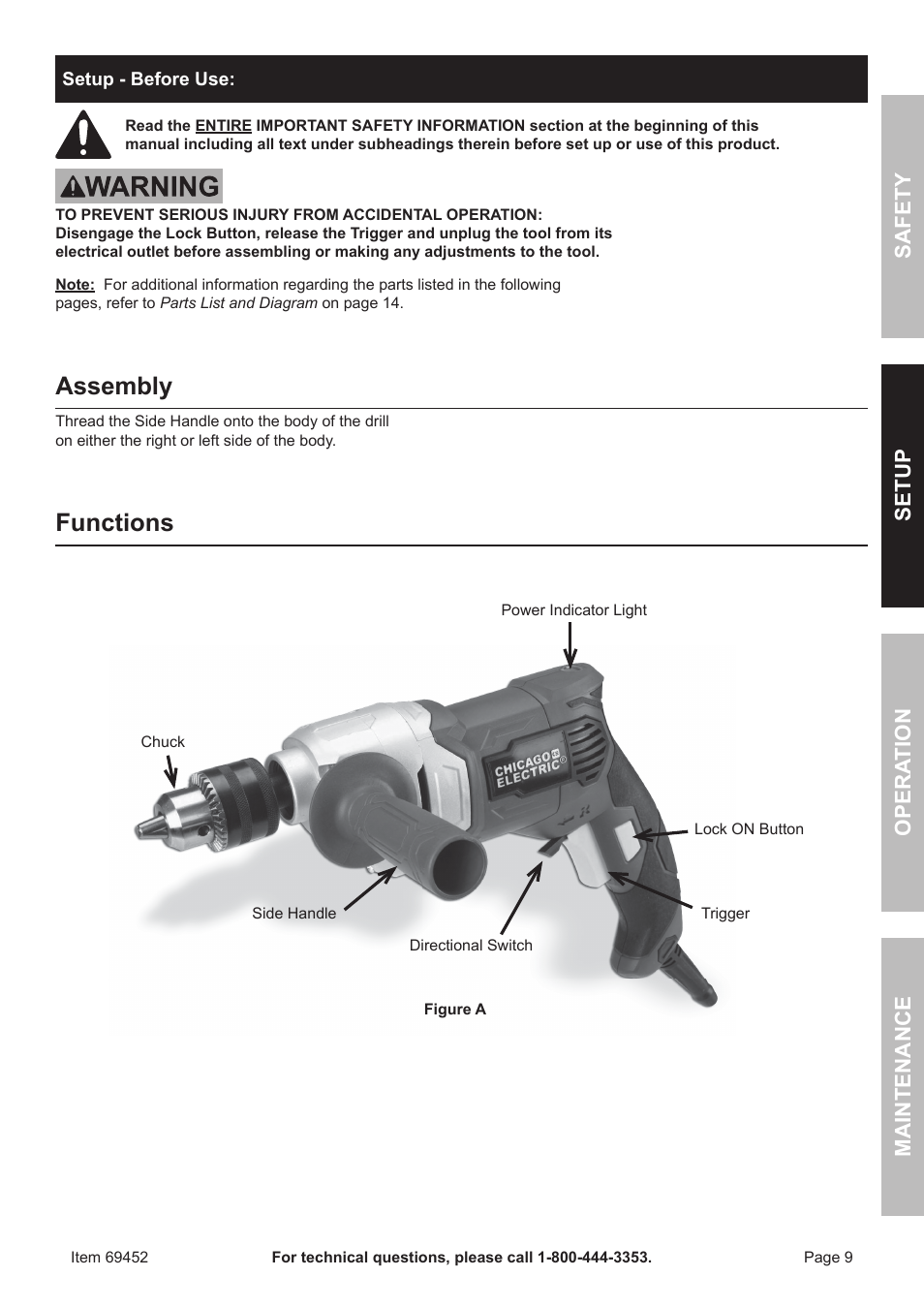 Assembly, Functions, Safety opera tion maintenance setup | Chicago Electric 1/2" vaRiaBle SPeeD ReveRSiBle HEAVY DUTY DRILL 69452 User Manual | Page 9 / 16