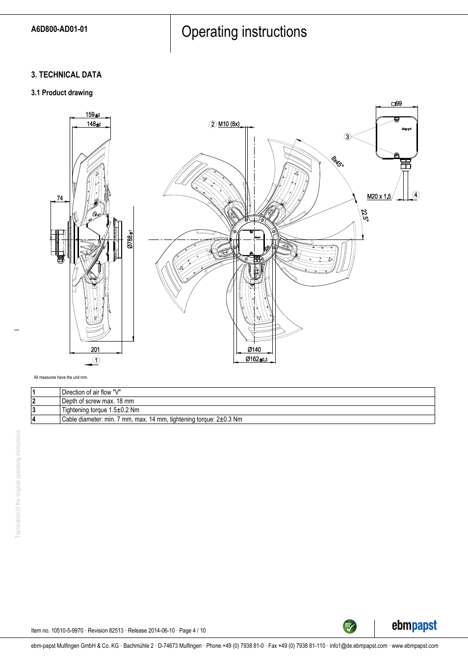 Operating instructions | ebm-papst A6D800-AD01-01 User Manual | Page 4 / 10