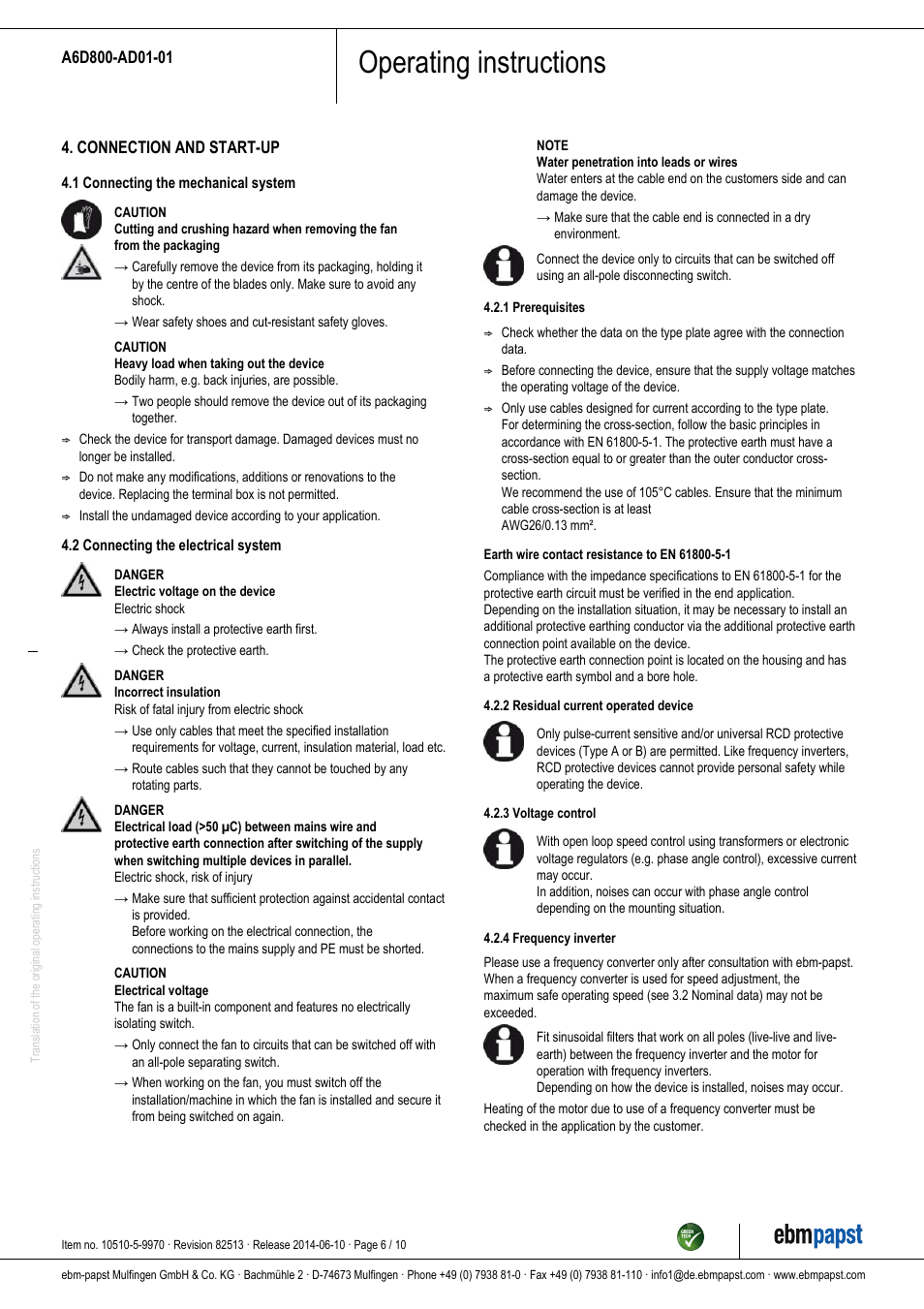 Operating instructions | ebm-papst A6D800-AD01-01 User Manual | Page 6 / 10