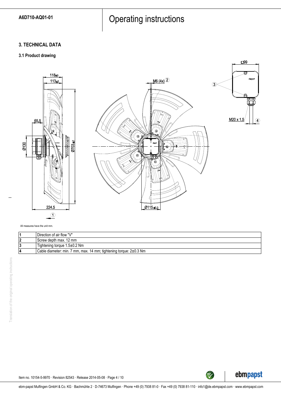 Operating instructions | ebm-papst A6D710-AQ01-01 User Manual | Page 4 / 10