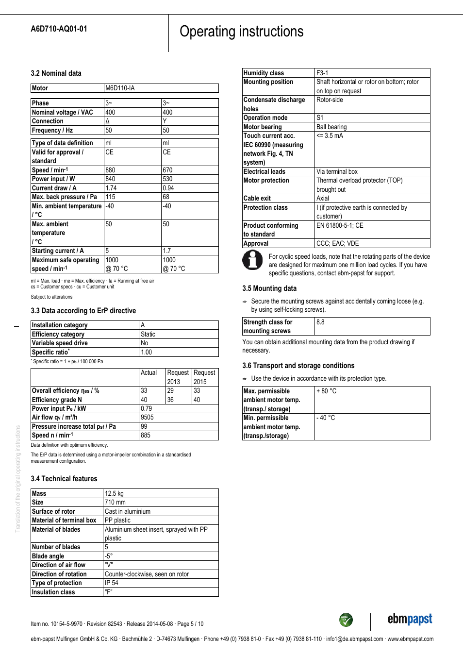 Operating instructions | ebm-papst A6D710-AQ01-01 User Manual | Page 5 / 10