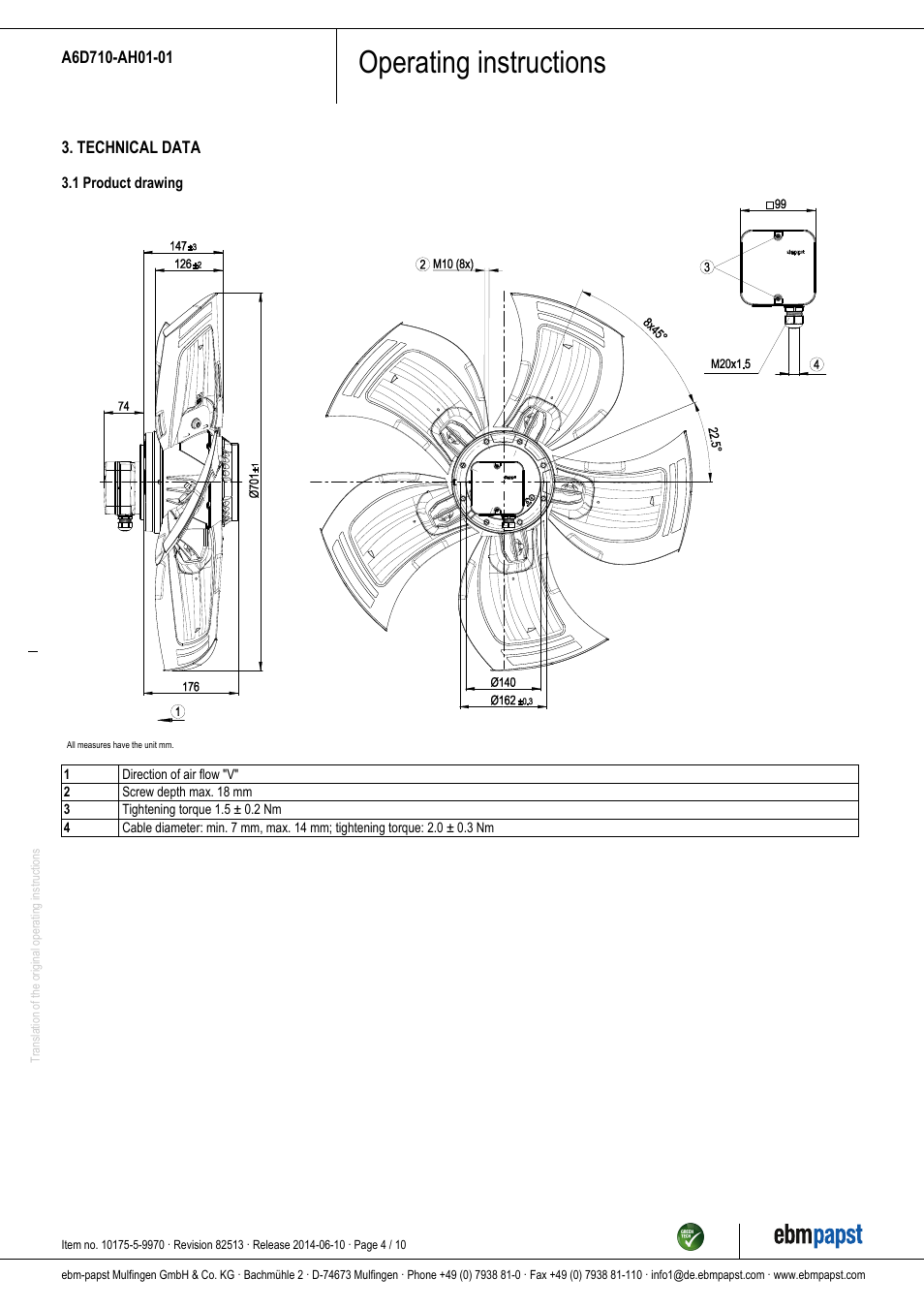Operating instructions | ebm-papst A6D710-AH01-01 User Manual | Page 4 / 10