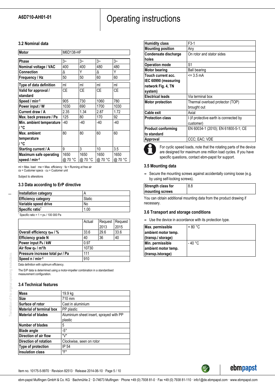 Operating instructions | ebm-papst A6D710-AH01-01 User Manual | Page 5 / 10