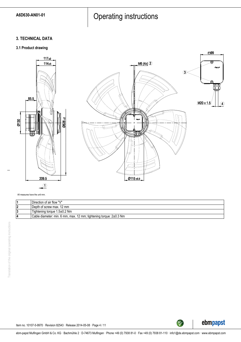Operating instructions | ebm-papst A6D630-AN01-01 User Manual | Page 4 / 11