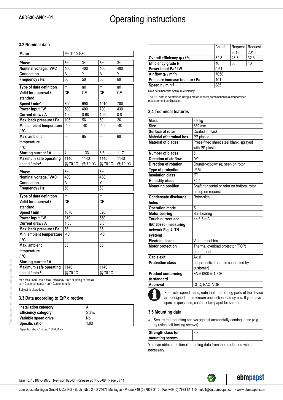 Operating instructions | ebm-papst A6D630-AN01-01 User Manual | Page 5 / 11