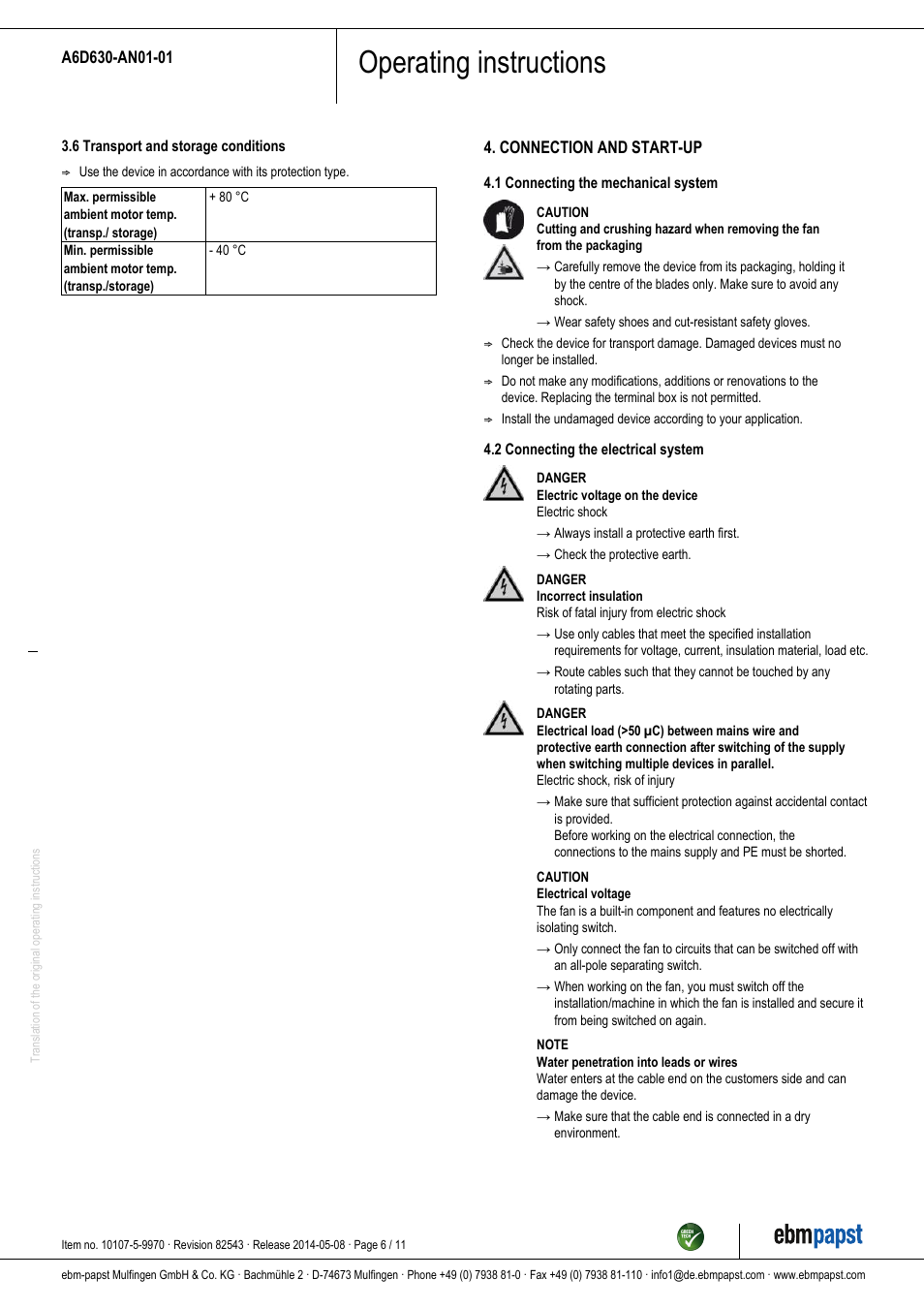 Operating instructions | ebm-papst A6D630-AN01-01 User Manual | Page 6 / 11