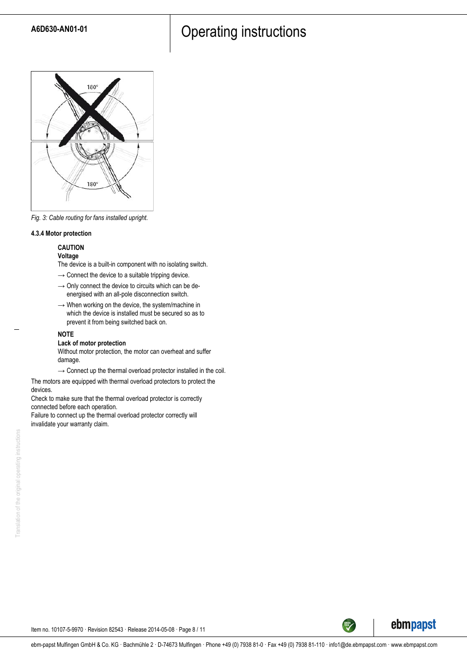 Operating instructions | ebm-papst A6D630-AN01-01 User Manual | Page 8 / 11