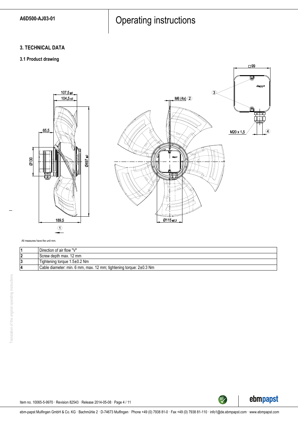 Operating instructions | ebm-papst A6D500-AJ03-01 User Manual | Page 4 / 11