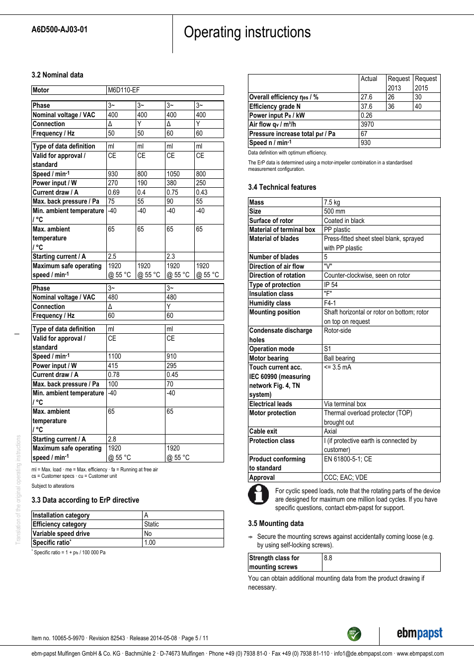Operating instructions | ebm-papst A6D500-AJ03-01 User Manual | Page 5 / 11