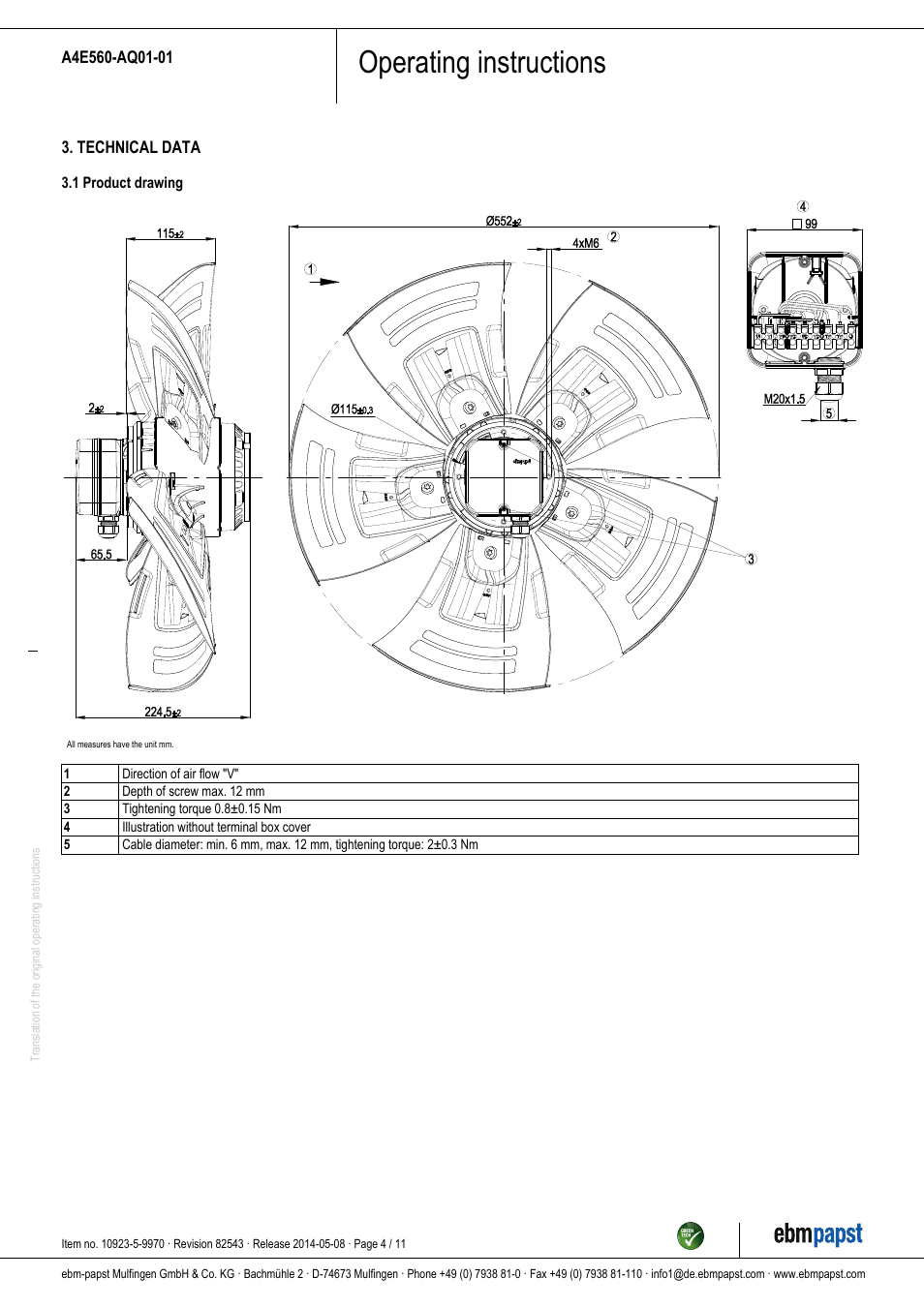 Operating instructions | ebm-papst A4E560-AQ01-01 User Manual | Page 4 / 11