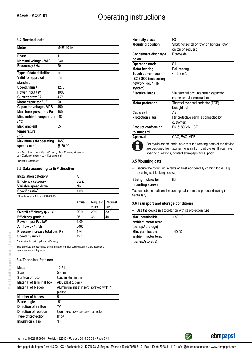 Operating instructions | ebm-papst A4E560-AQ01-01 User Manual | Page 5 / 11