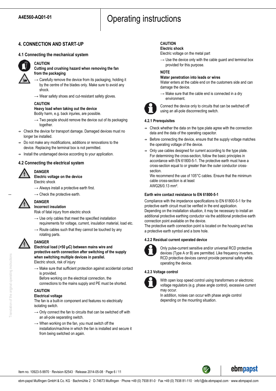 Operating instructions | ebm-papst A4E560-AQ01-01 User Manual | Page 6 / 11
