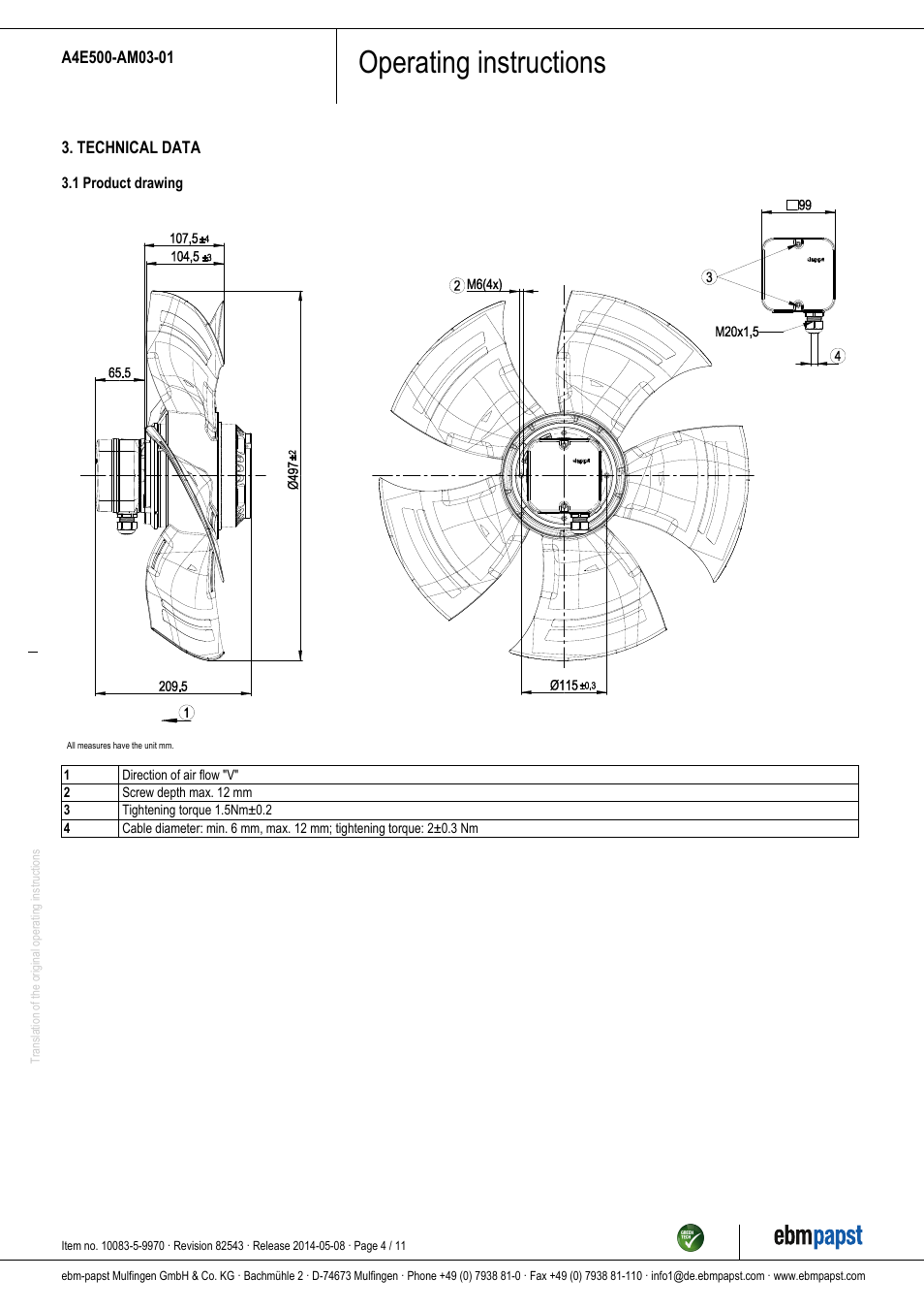 Operating instructions | ebm-papst A4E500-AM03-01 User Manual | Page 4 / 11