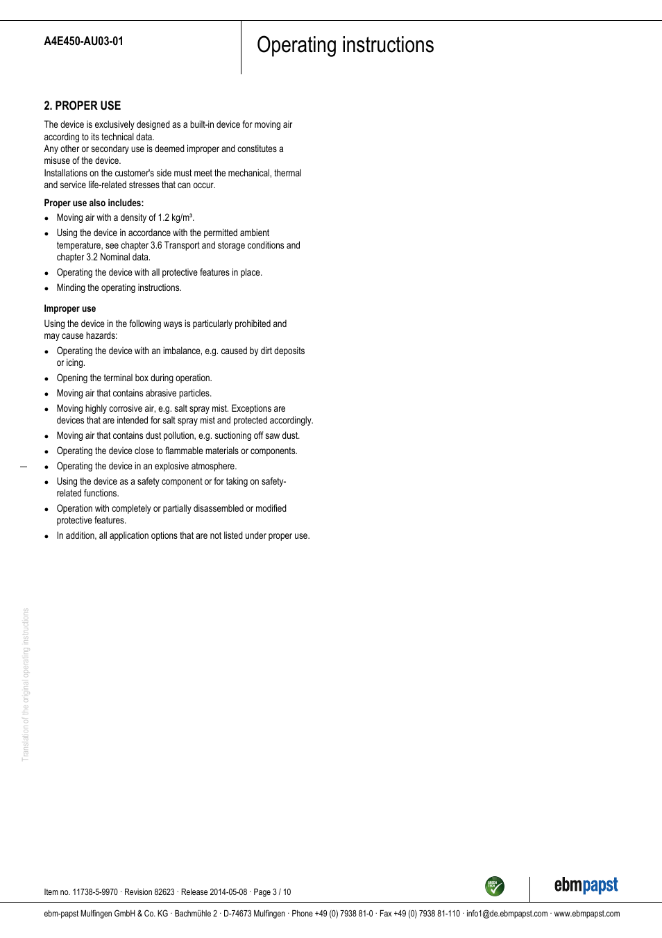 Operating instructions, Proper use | ebm-papst A4E450-AU03-01 User Manual | Page 3 / 10