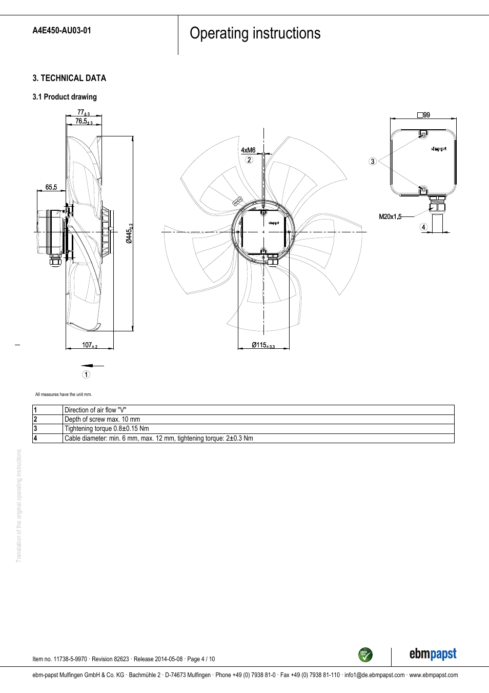 Operating instructions | ebm-papst A4E450-AU03-01 User Manual | Page 4 / 10