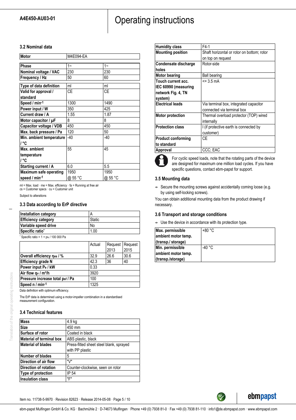Operating instructions | ebm-papst A4E450-AU03-01 User Manual | Page 5 / 10