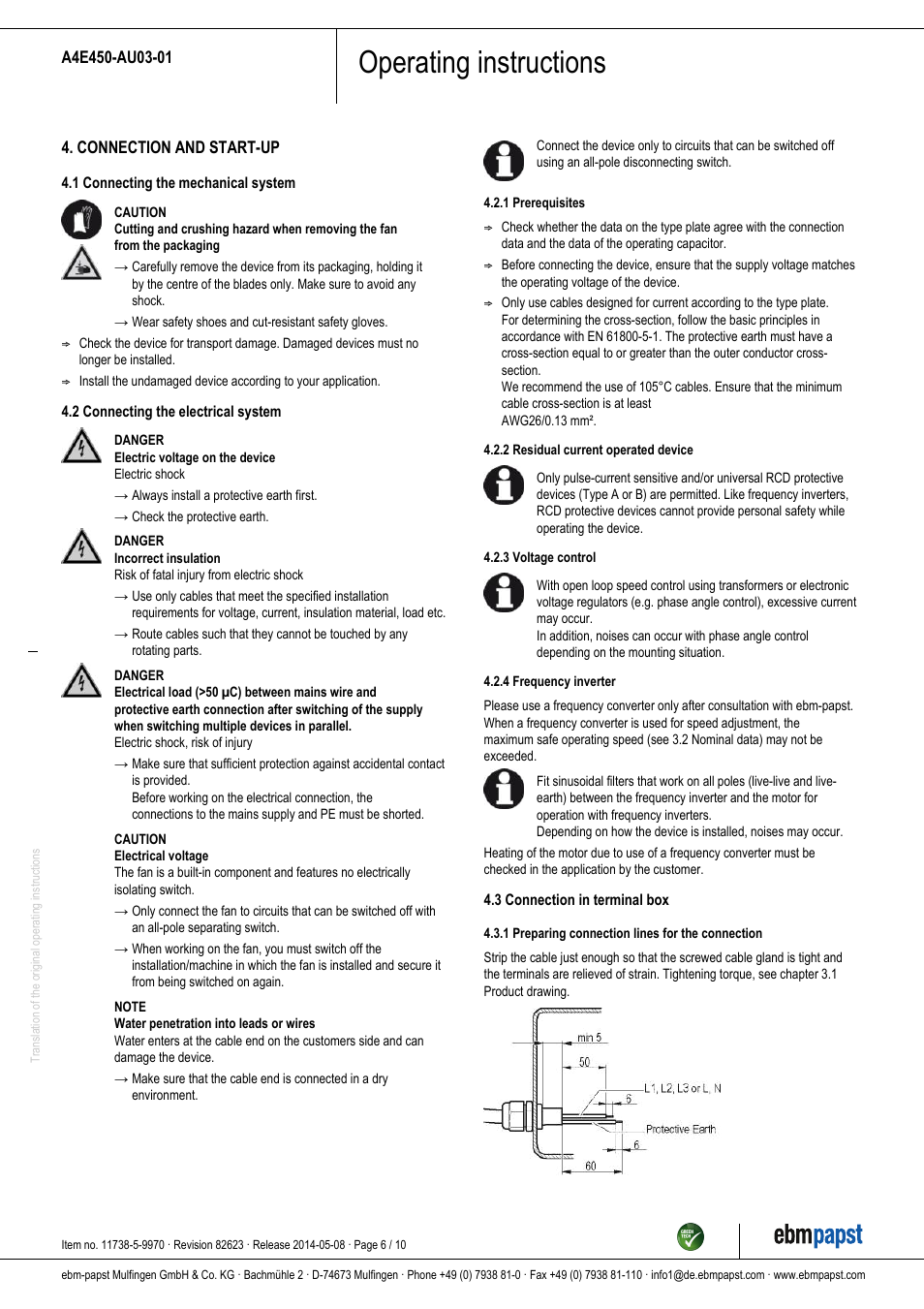 Operating instructions | ebm-papst A4E450-AU03-01 User Manual | Page 6 / 10