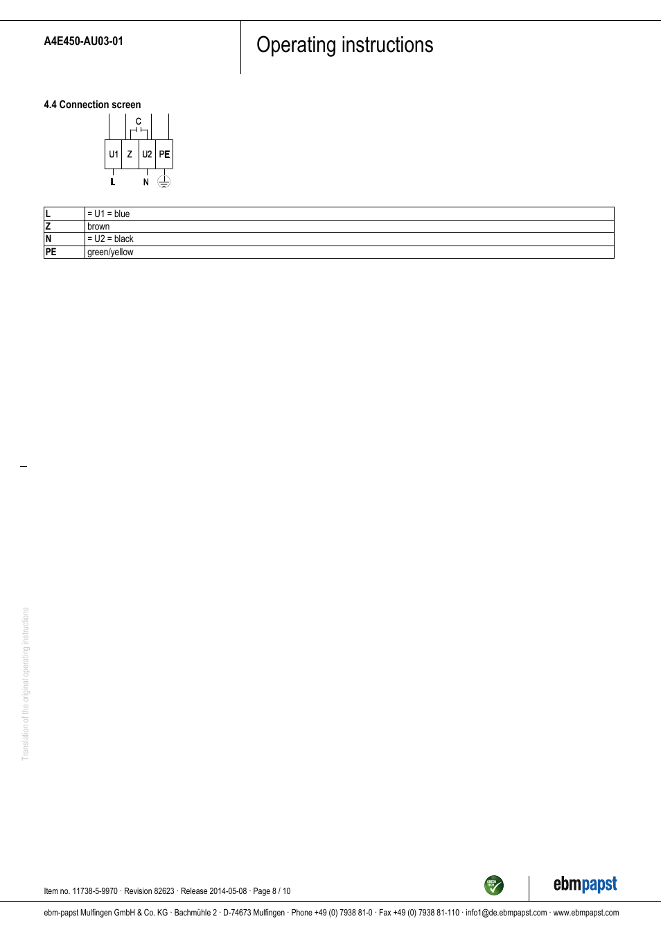Operating instructions | ebm-papst A4E450-AU03-01 User Manual | Page 8 / 10