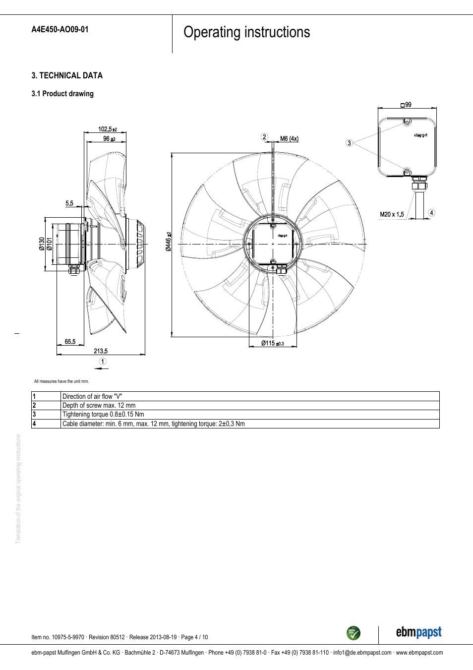 Operating instructions | ebm-papst A4E450-AO09-01 User Manual | Page 4 / 10