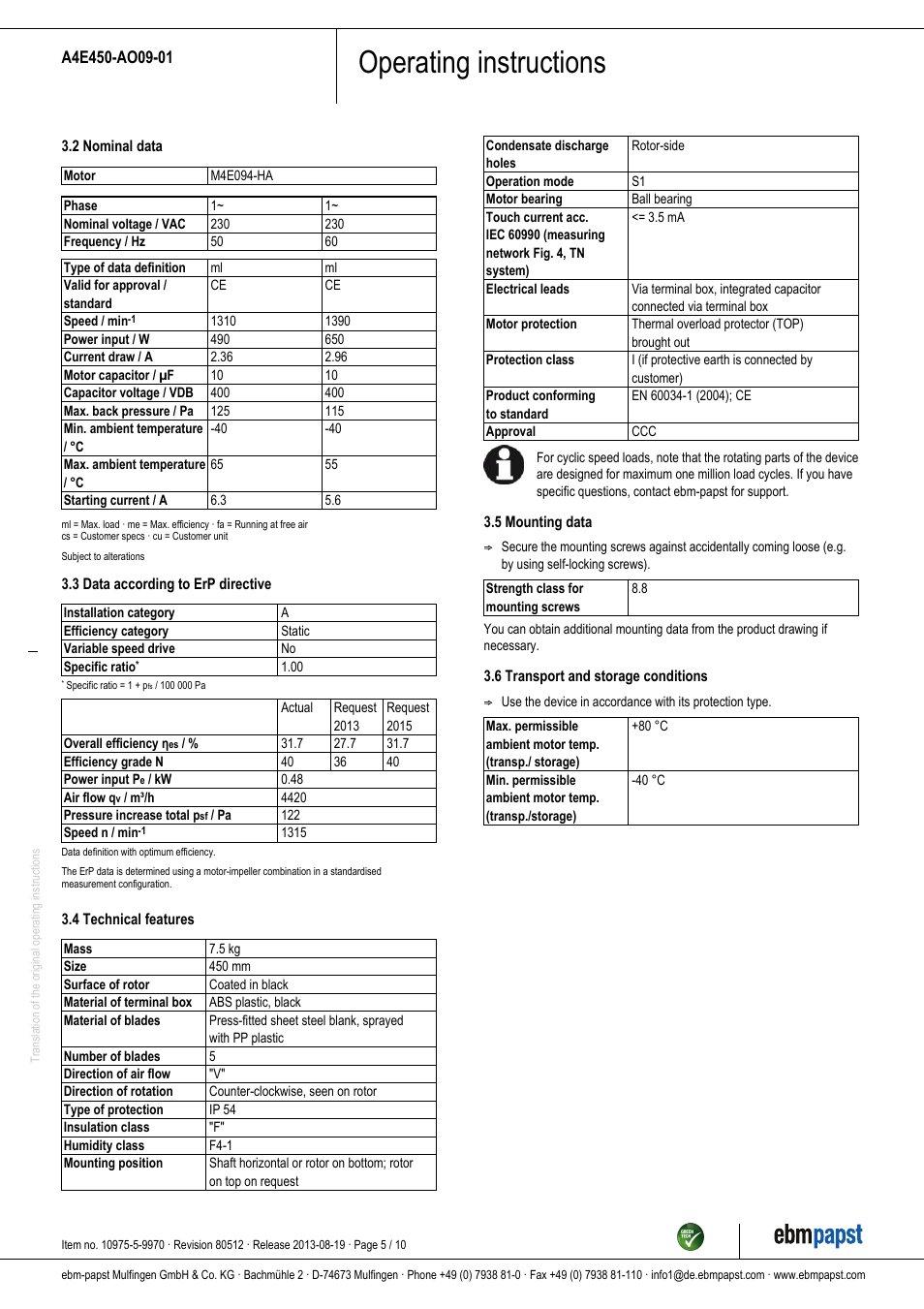 Operating instructions | ebm-papst A4E450-AO09-01 User Manual | Page 5 / 10