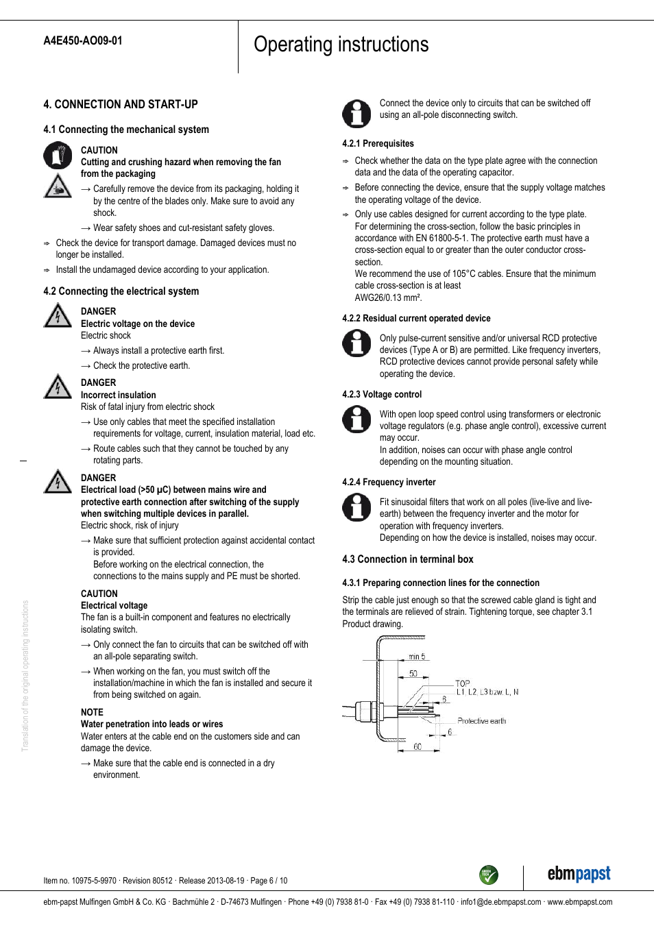 Operating instructions | ebm-papst A4E450-AO09-01 User Manual | Page 6 / 10