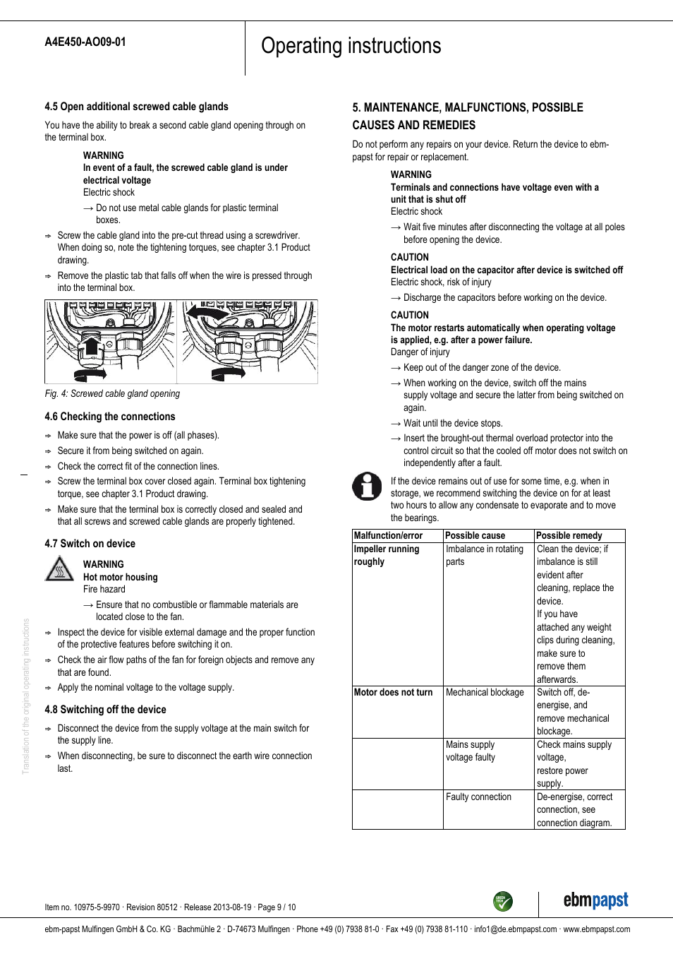 Operating instructions | ebm-papst A4E450-AO09-01 User Manual | Page 9 / 10