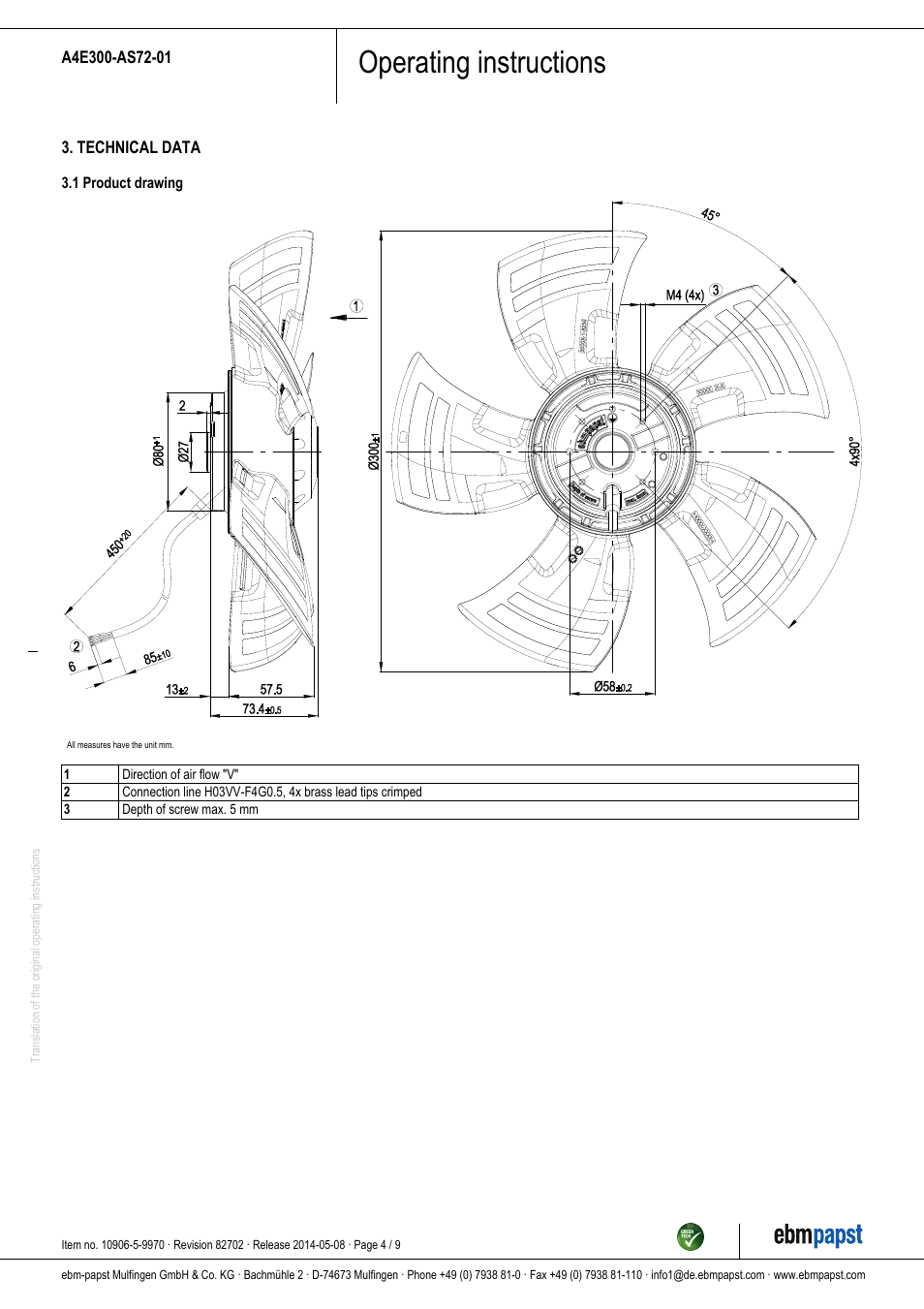 Operating instructions | ebm-papst A4E300-AS72-01 User Manual | Page 4 / 9