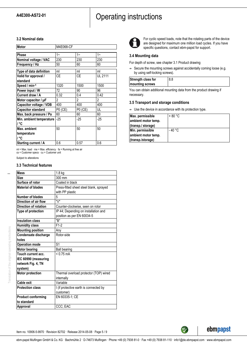 Operating instructions | ebm-papst A4E300-AS72-01 User Manual | Page 5 / 9