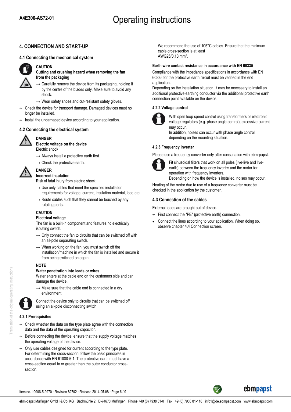 Operating instructions | ebm-papst A4E300-AS72-01 User Manual | Page 6 / 9