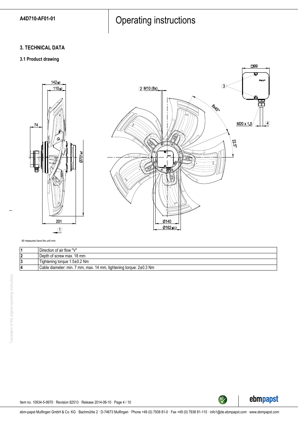 Operating instructions | ebm-papst A4D710-AF01-01 User Manual | Page 4 / 10