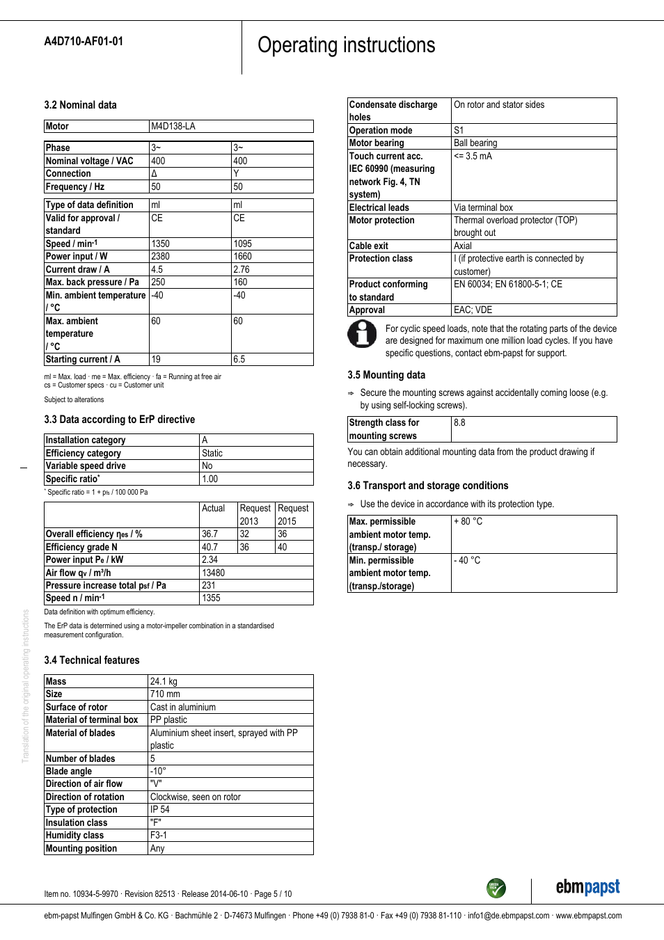 Operating instructions | ebm-papst A4D710-AF01-01 User Manual | Page 5 / 10