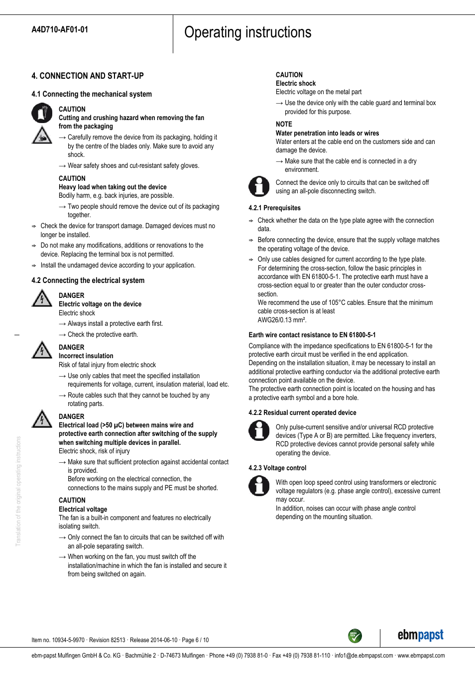 Operating instructions | ebm-papst A4D710-AF01-01 User Manual | Page 6 / 10