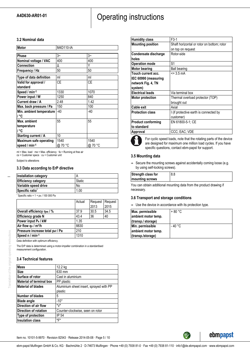 Operating instructions | ebm-papst A4D630-AR01-01 User Manual | Page 5 / 10