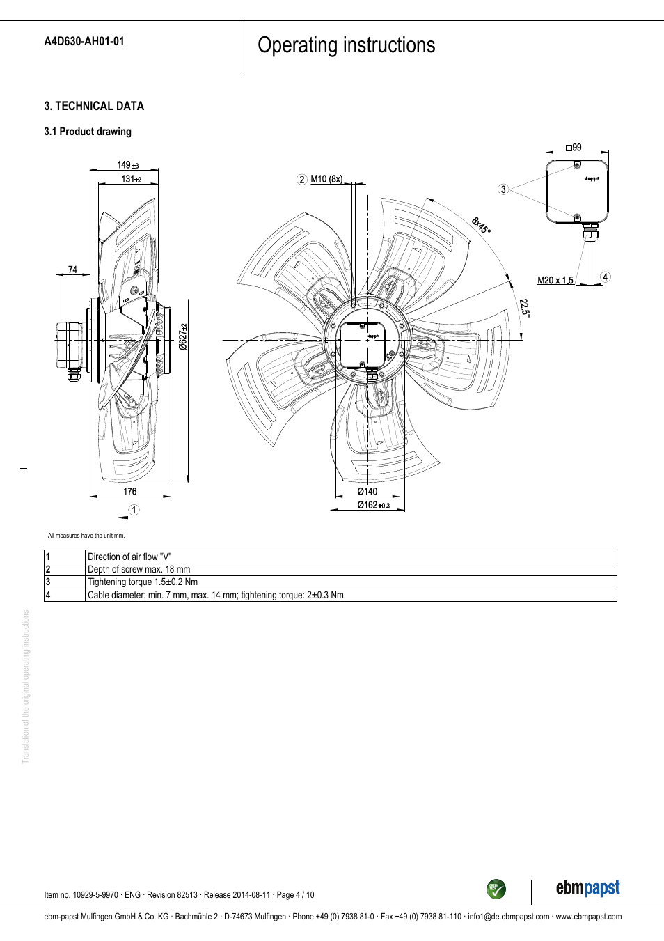 Operating instructions | ebm-papst A4D630-AH01-01 User Manual | Page 4 / 10