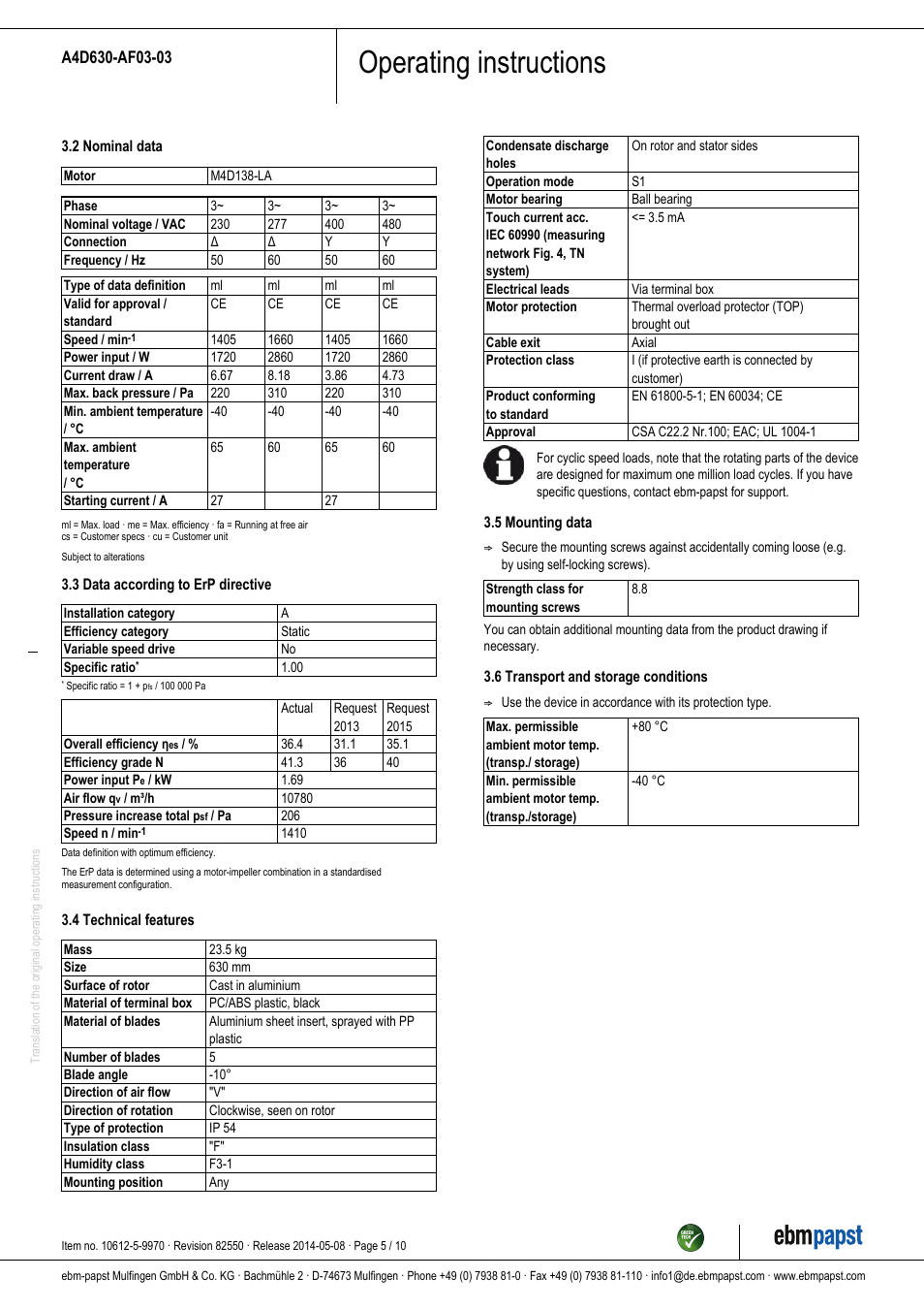 Operating instructions | ebm-papst A4D630-AF03-03 User Manual | Page 5 / 10