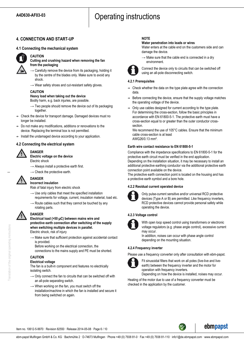 Operating instructions | ebm-papst A4D630-AF03-03 User Manual | Page 6 / 10