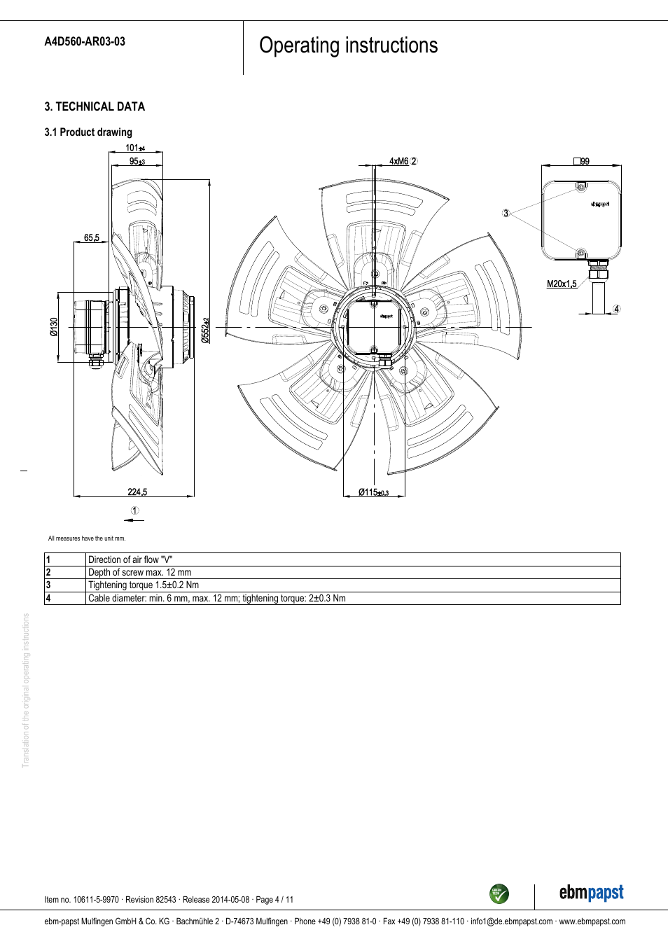 Operating instructions | ebm-papst A4D560-AR03-03 User Manual | Page 4 / 11