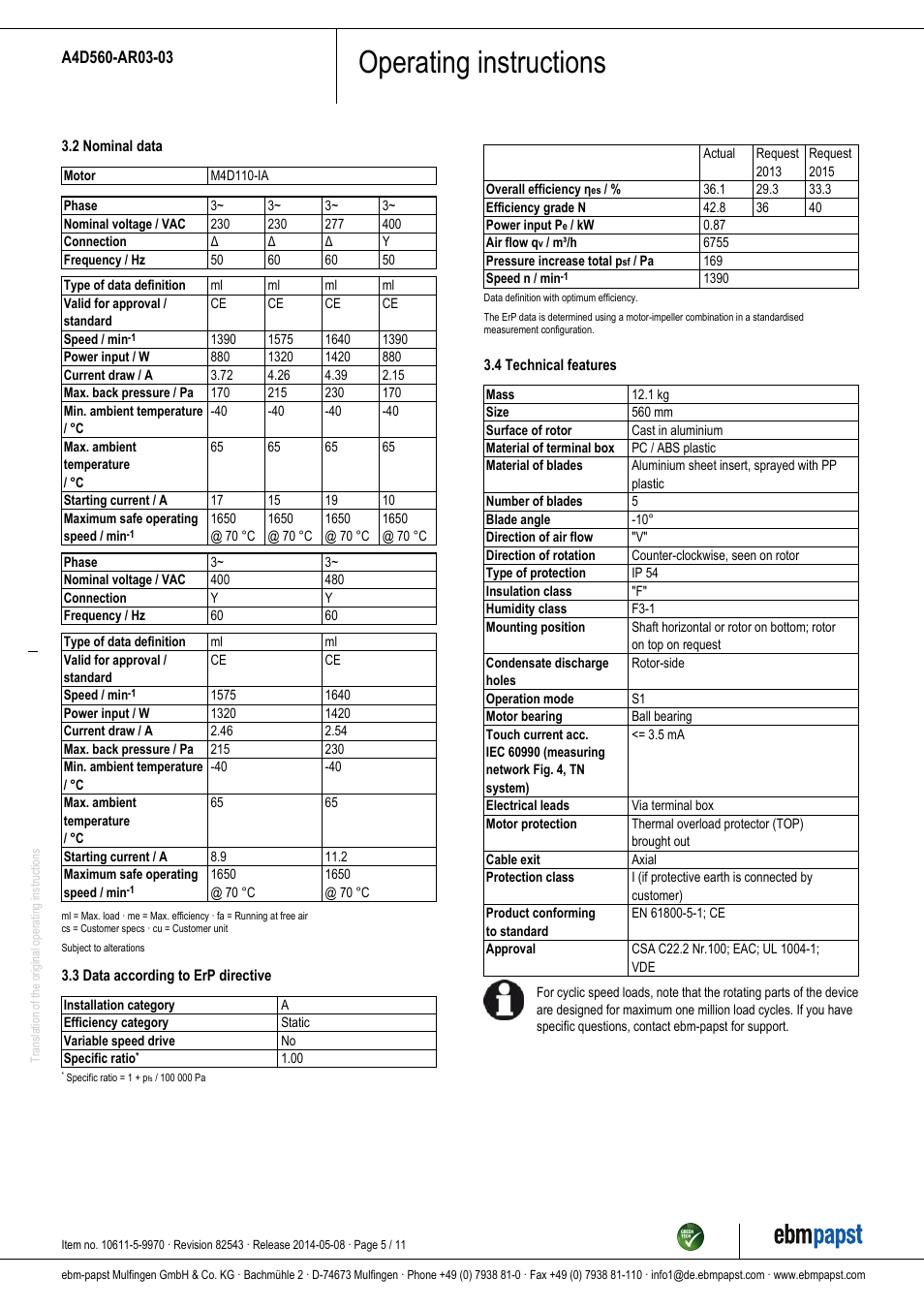 Operating instructions | ebm-papst A4D560-AR03-03 User Manual | Page 5 / 11