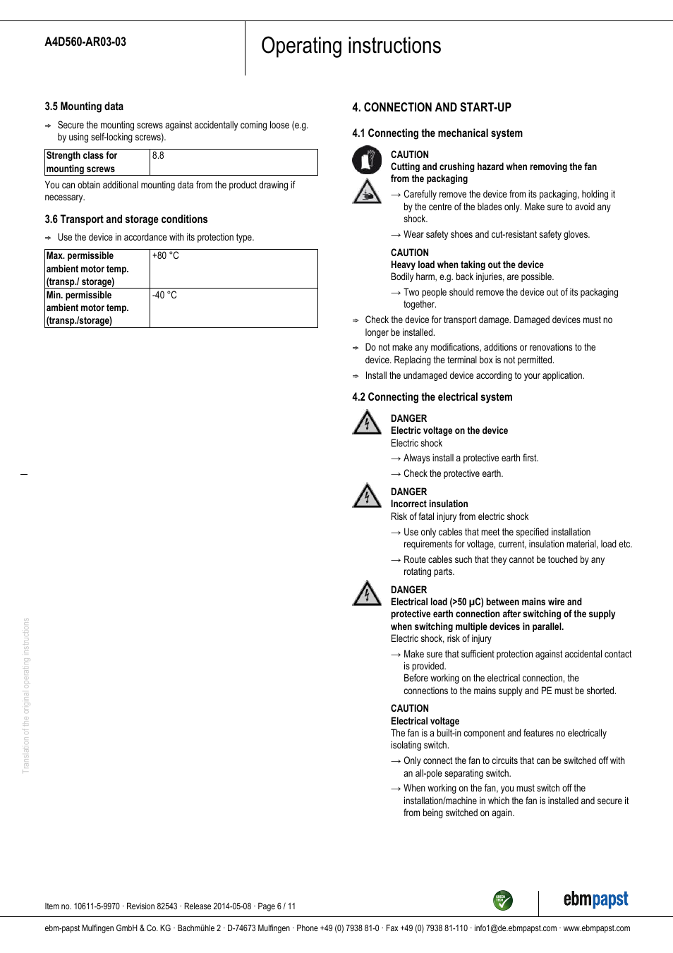 Operating instructions | ebm-papst A4D560-AR03-03 User Manual | Page 6 / 11