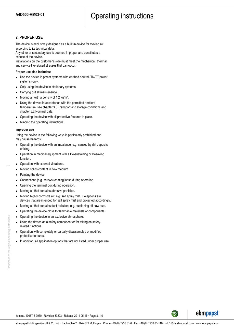 Operating instructions, Proper use | ebm-papst A4D500-AM03-01 User Manual | Page 3 / 10