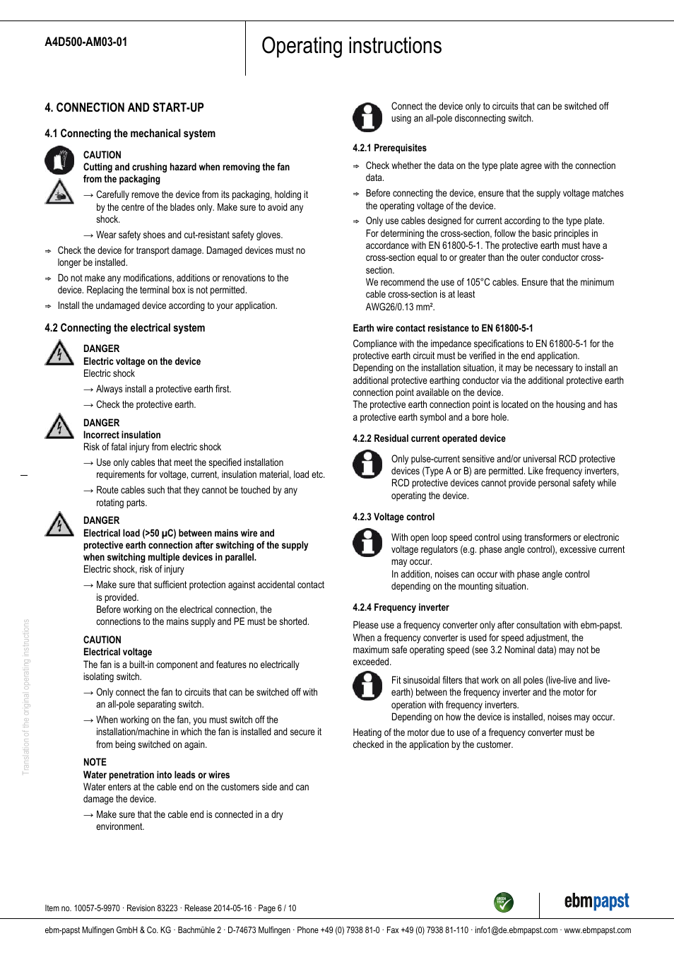 Operating instructions | ebm-papst A4D500-AM03-01 User Manual | Page 6 / 10