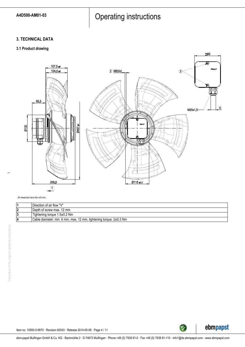 Operating instructions | ebm-papst A4D500-AM01-03 User Manual | Page 4 / 11