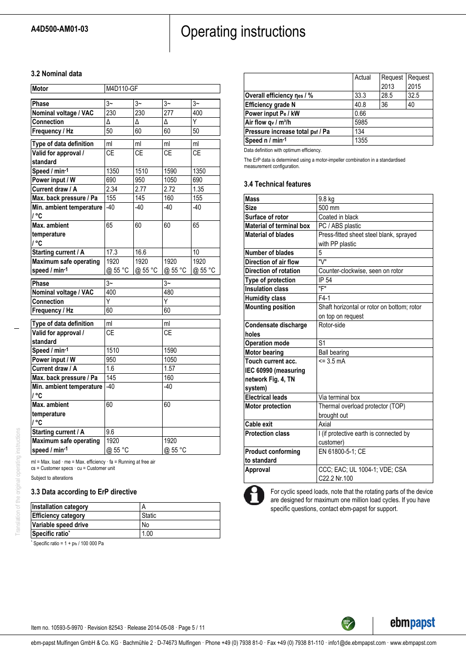 Operating instructions | ebm-papst A4D500-AM01-03 User Manual | Page 5 / 11