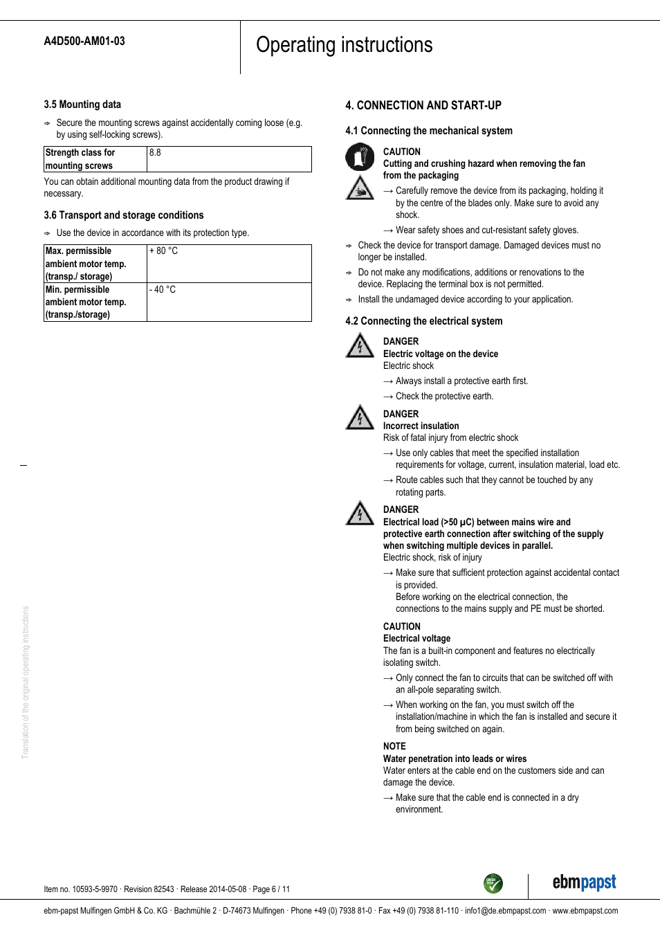 Operating instructions | ebm-papst A4D500-AM01-03 User Manual | Page 6 / 11