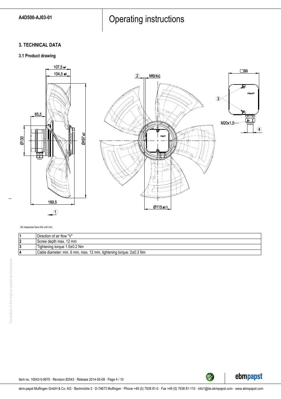 Operating instructions | ebm-papst A4D500-AJ03-01 User Manual | Page 4 / 10