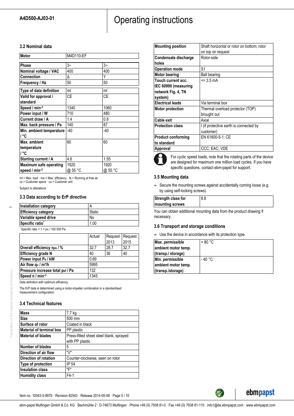 Operating instructions | ebm-papst A4D500-AJ03-01 User Manual | Page 5 / 10