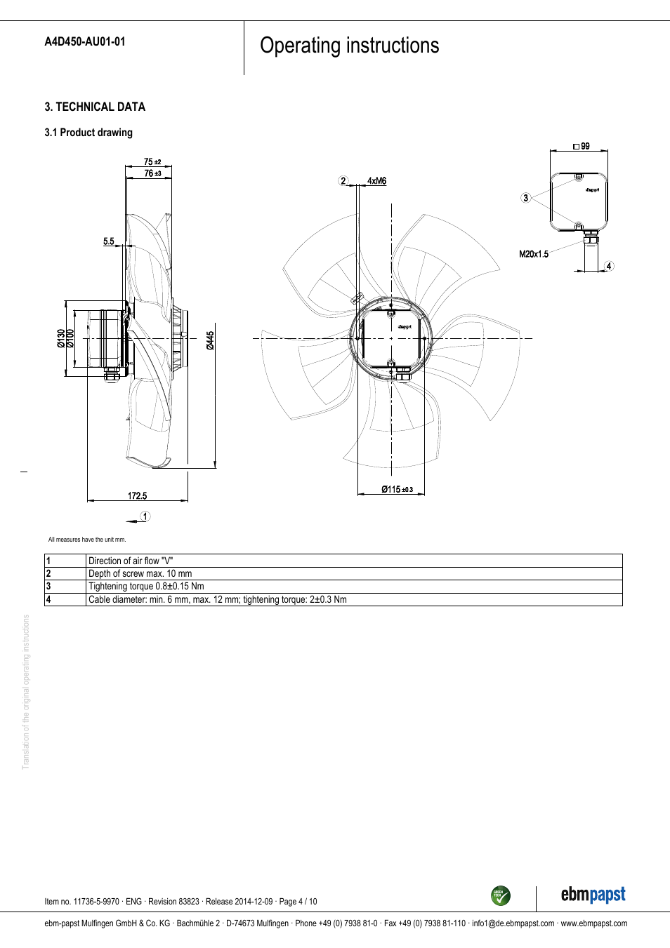 Operating instructions | ebm-papst A4D450-AU01-01 User Manual | Page 4 / 10