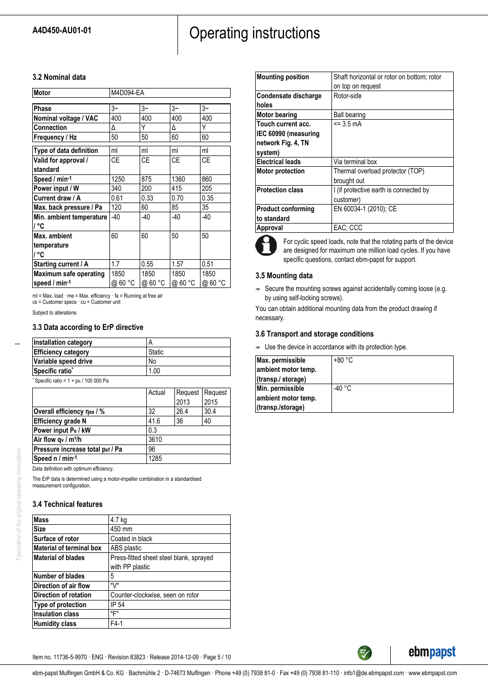 Operating instructions | ebm-papst A4D450-AU01-01 User Manual | Page 5 / 10